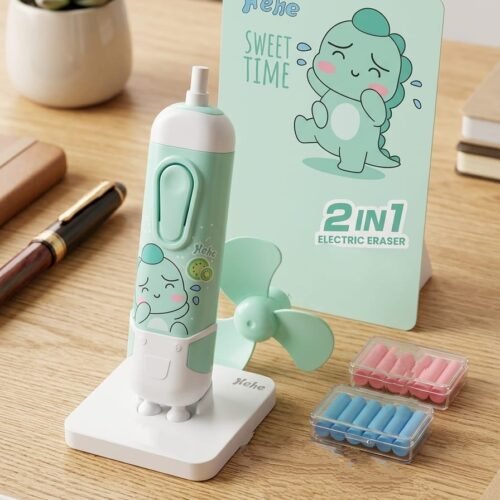 cute green dinosaur theme 2-in-1 electric eraser kit with mini fan attachment and two boxes of eraser refills on a wooden desk