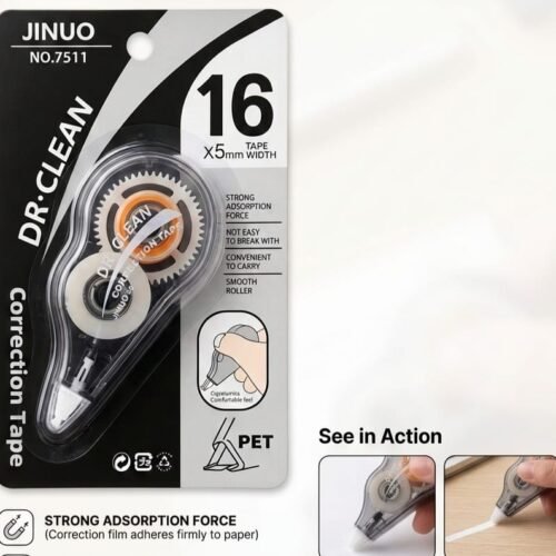 jinuo dr clean correction tape packaging showing 16 meters length and 5mm width tape with application pictures