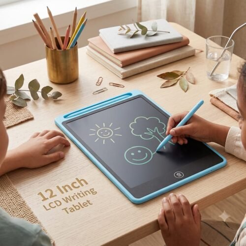 A child drawing a sun, tree, and smiley face with a blue stylus on a 12 inch light blue LCD writing tablet placed on a wooden desk