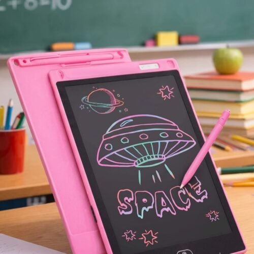 a pink 6 inch lcd writing tablet with a space themed ufo and planet sketch displayed on a wooden classroom desk