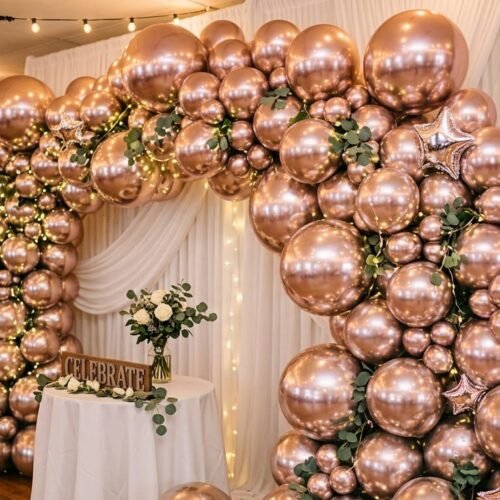 a premium retail packaging box featuring a 50-piece chromium balloon arch kit. the box displays a stunning silver balloon arch with integrated fairy lights and eucalyptus accents. the side of the box includes 'inflation tips' and an 'includes' list, showcasing the completeness of the diy kit.