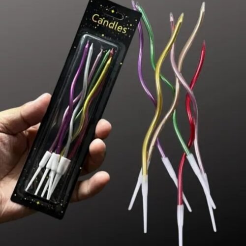 multiple images showing colorful and monochrome metallic spiral curve birthday candles in retail packs and displayed on festive cupcakes and an ombre birthday cake
