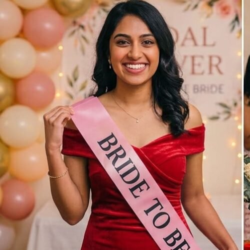 a smiling future bride wearing a stunning outfit and a premium pink satin sash with bold metallic gold text reading bride to be
