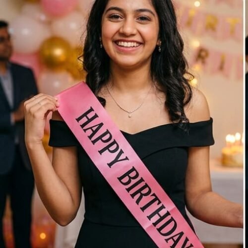 a smiling young woman wearing a black off-the-shoulder dress, a rhinestone tiara crown, and a premium pink satin sash with bold black text reading happy birthday