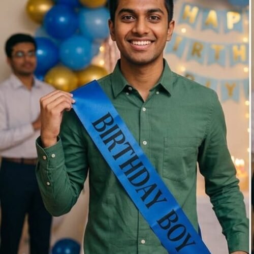 a smiling young man wearing a green button-down shirt and a premium royal blue satin sash with bold black text reading birthday boy