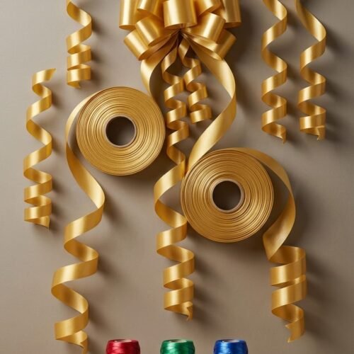 Two large rolls of metallic golden curling ribbon, swirling spirals, a large decorative satin bow, and three small rolls of red, green, and blue ribbons on a wooden surface