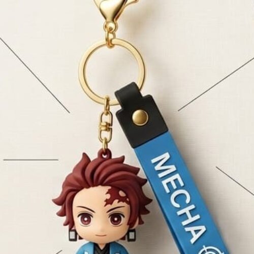premium tanjiro kamado 3d chibi anime silicone keychain with blue mecha wrist strap and gold hardware hook